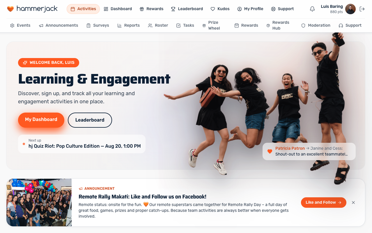 The hjEngagement activities dashboard